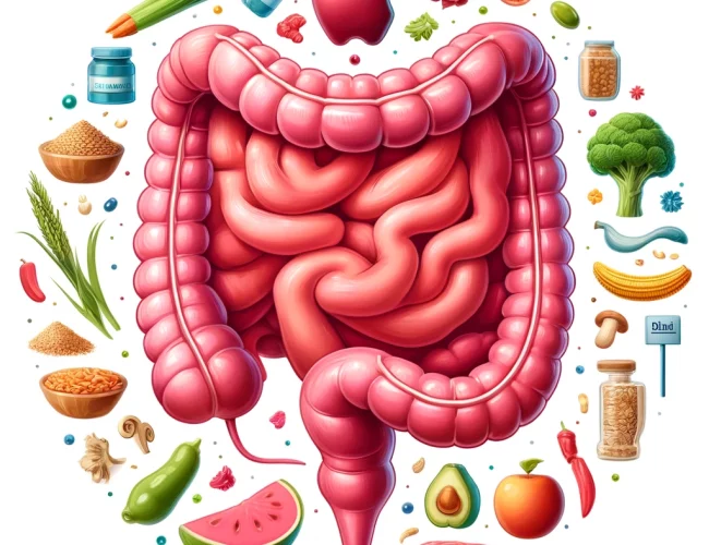 DALL·E 2024-05-10 13.35.41 - An illustrative and educational image showing healthy human intestines. The intestines are depicted in a vibrant, anatomically correct style, with a c