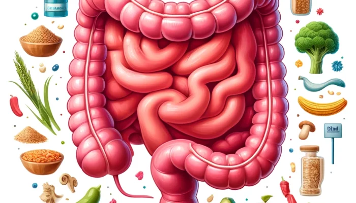 DALL·E 2024-05-10 13.35.41 - An illustrative and educational image showing healthy human intestines. The intestines are depicted in a vibrant, anatomically correct style, with a c